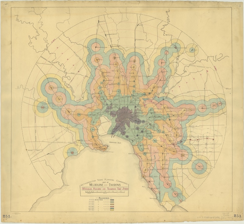 Map from 1910 showing multiple rail network isochrones from an origin point in Melbourne, Australia. Unlike the access maps in these posts, color is used to show multiple time budgets on a single map, rather than the composition of same-budget isochrones computed throughout the day.