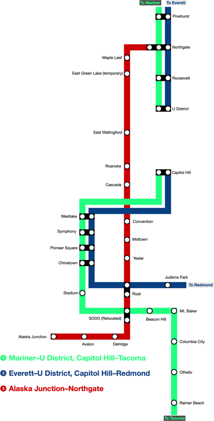 Proposed Link system map in Seattle, during University of Washington to Ballard guideway construction.