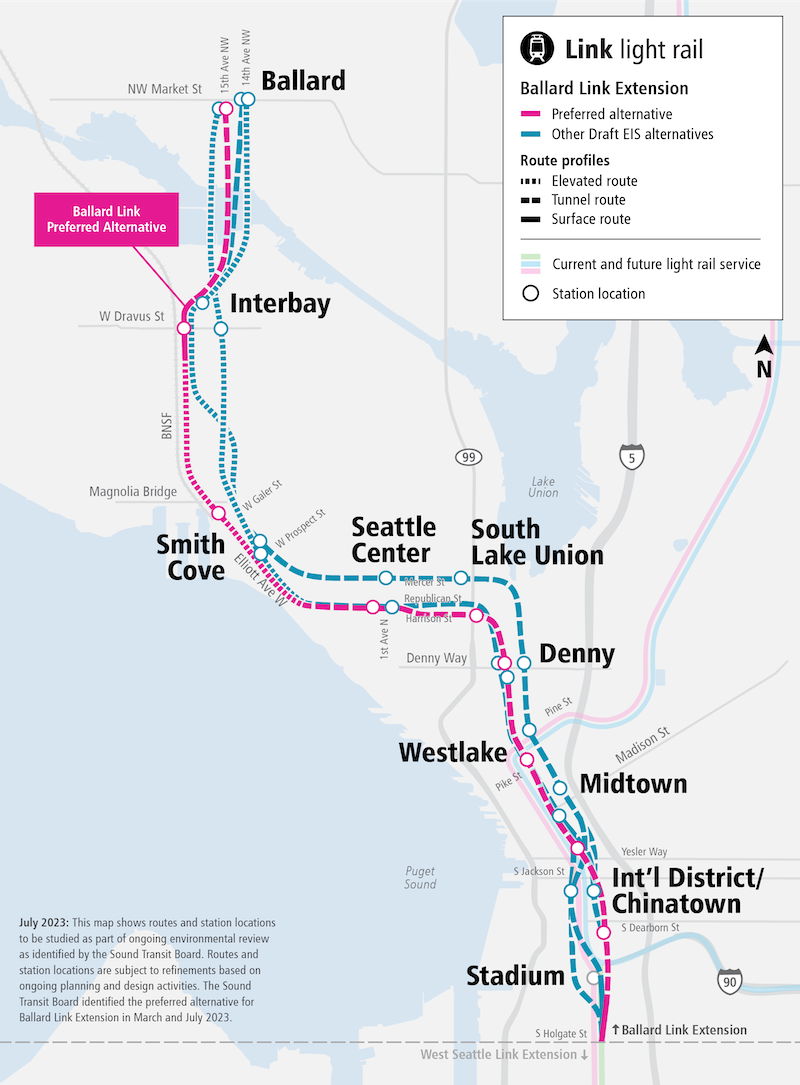 The current ST3 preferred alternative has the second tunnel avoiding International District/Chinatown Station. Note the indirect transfer situation from the westbound 2 Line (in faded blue) to the southbound preferred Ballard Link Extension, as there is no intersection until Westlake.